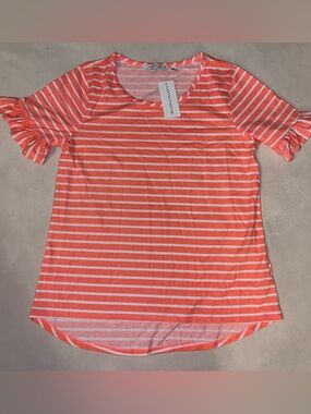 Notations Coral and White Striped Short Sleeve Top